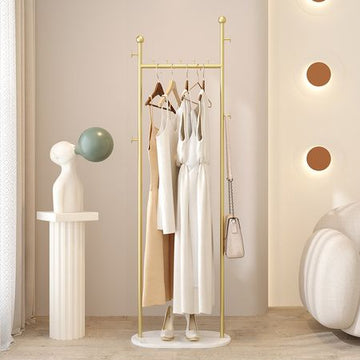 Gold Freestanding Clothing Rack with Shelf and Hooks