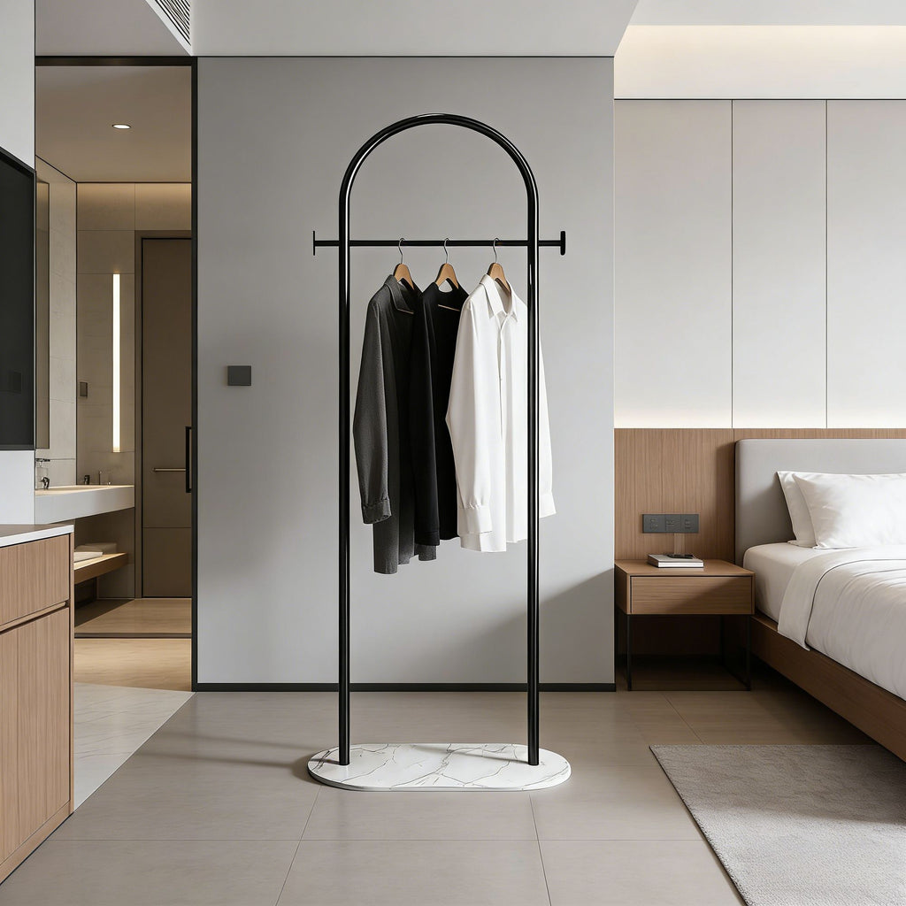 Gold Metal Freestanding Clothes Rack with Shelf & Side Hooks