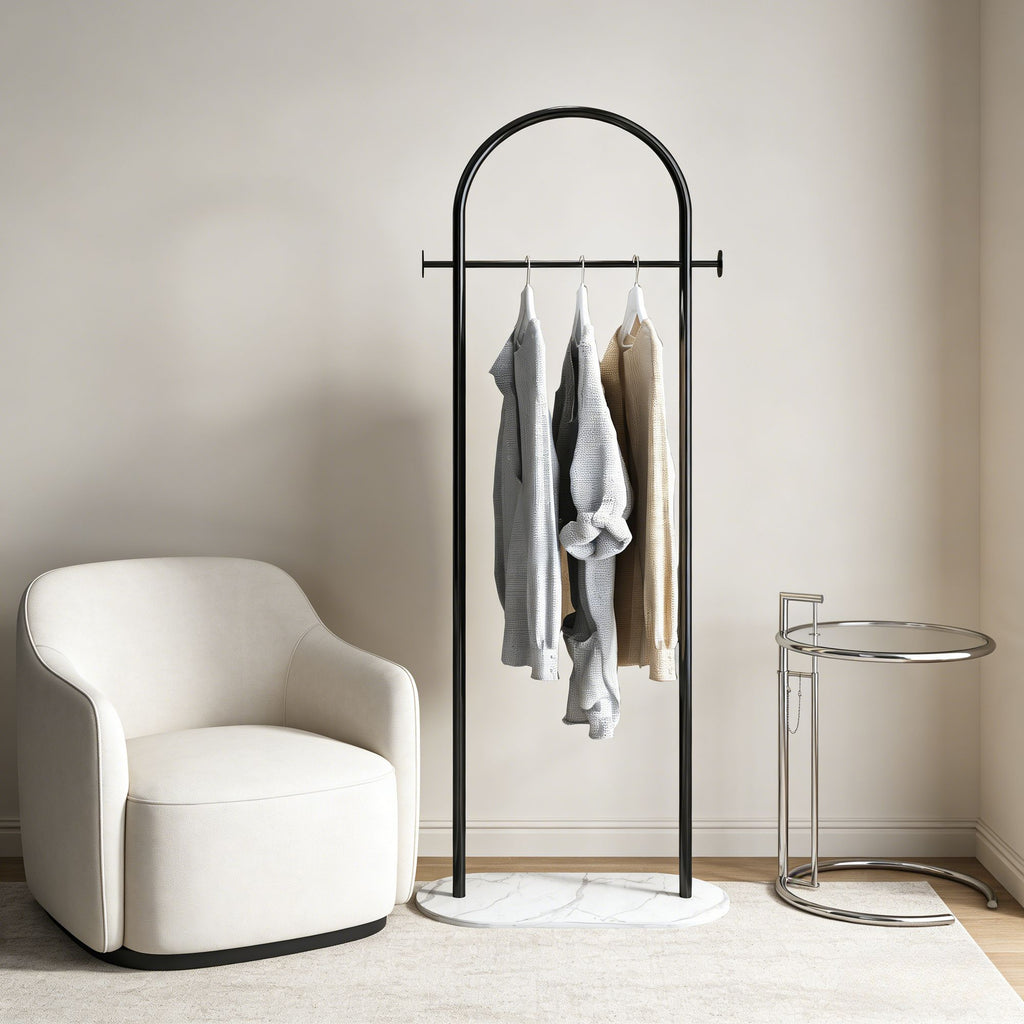 Gold Metal Freestanding Clothes Rack with Shelf & Side Hooks
