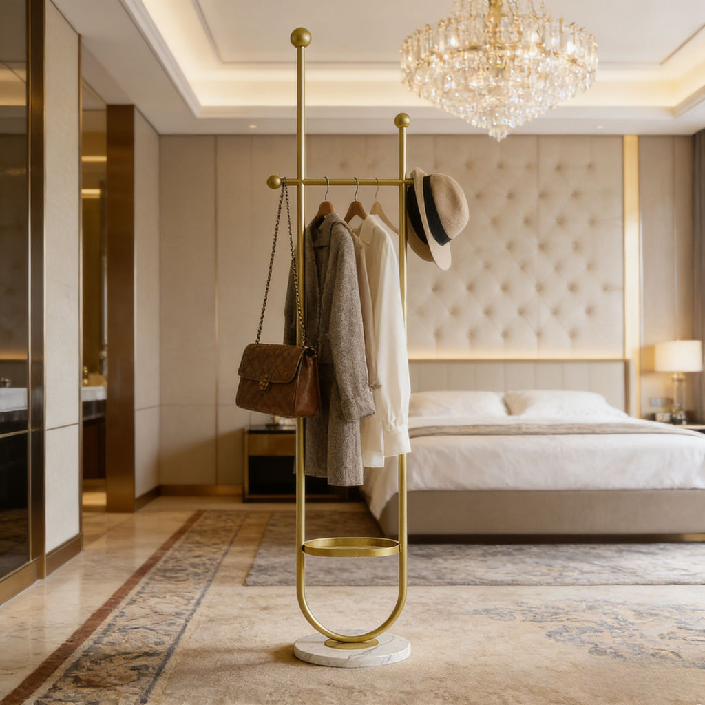 Gold Metal Freestanding Coat Rack with White Shelf – Sturdy & Space-Saving