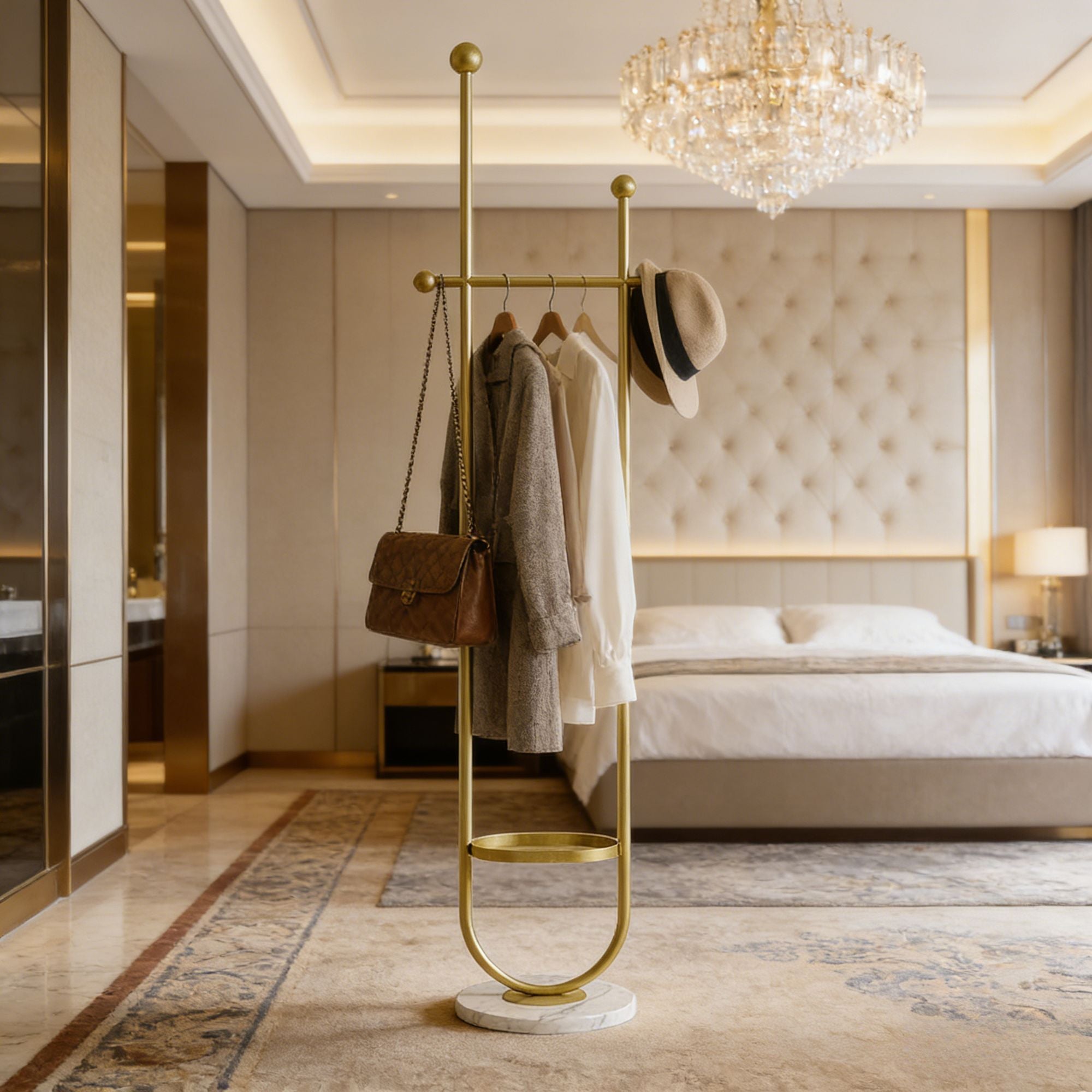 Gold Metal Freestanding Coat Rack with White Shelf – Sturdy & Space-Saving