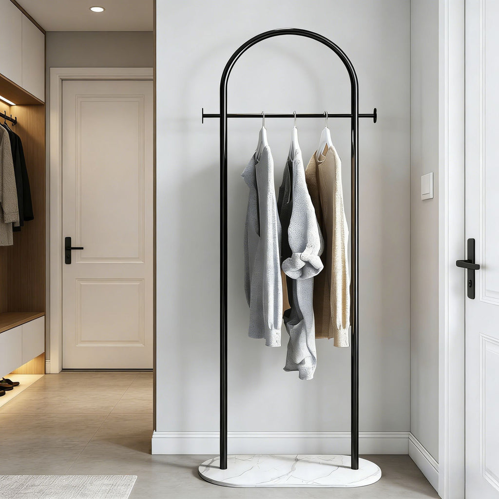 Gold Metal Freestanding Clothes Rack with Shelf & Side Hooks