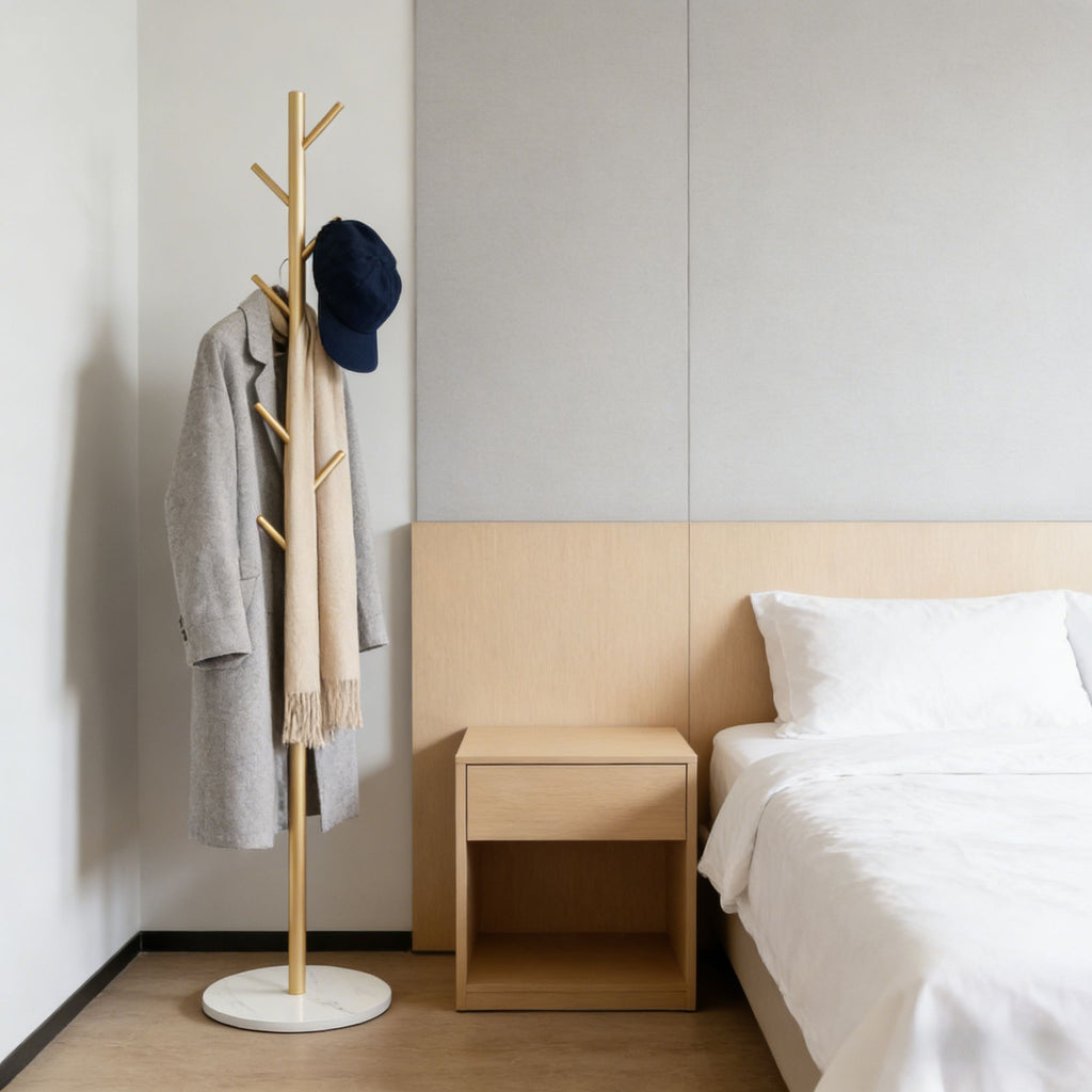 Sturdy Gold Metal Coat Rack with White Shelf for Entryway and Bedroom