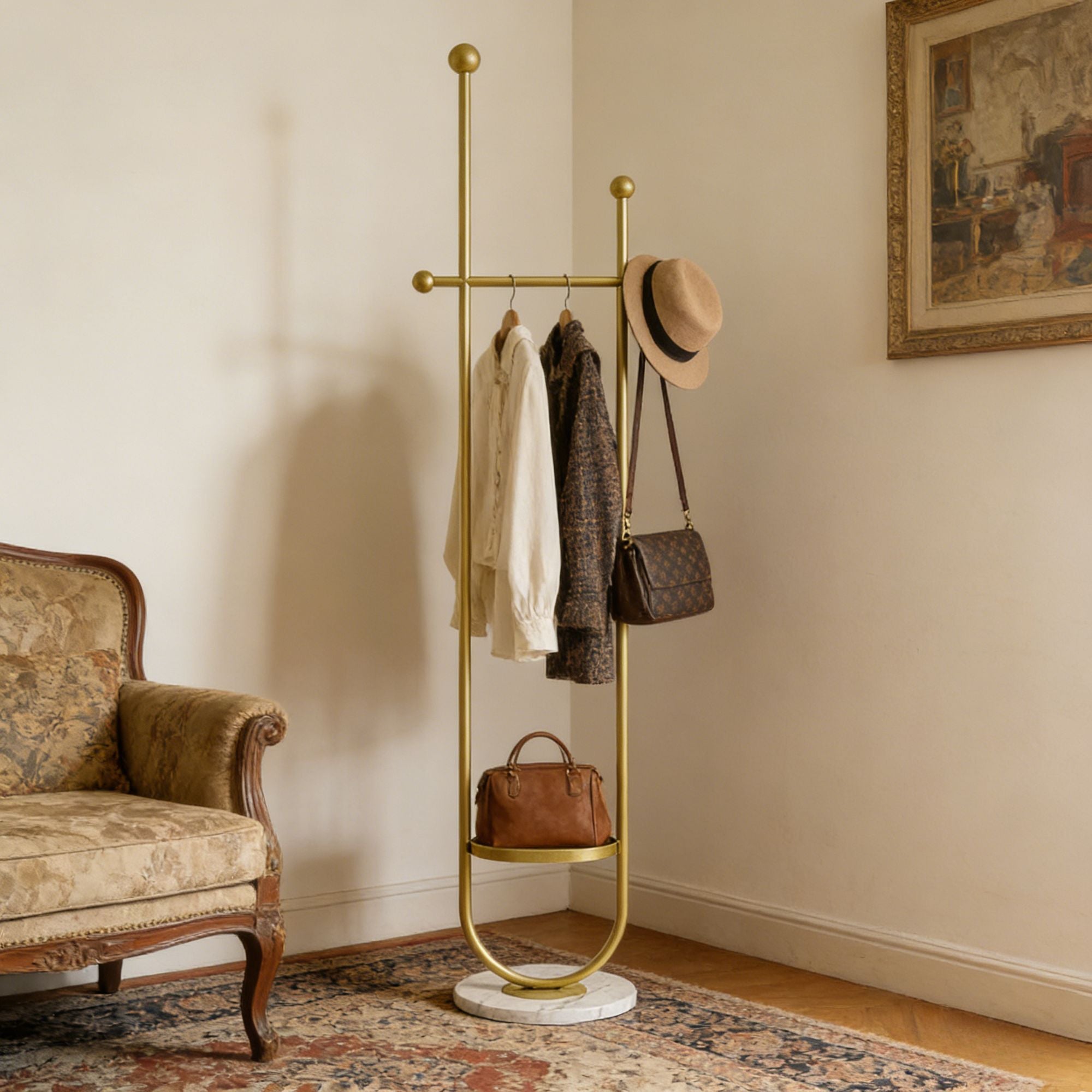 Gold Metal Freestanding Coat Rack with White Shelf – Sturdy & Space-Saving
