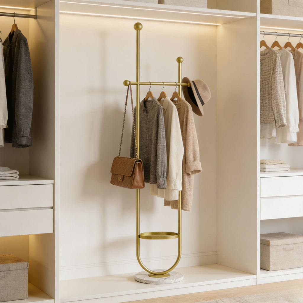Gold Metal Freestanding Coat Rack with White Shelf – Sturdy & Space-Saving
