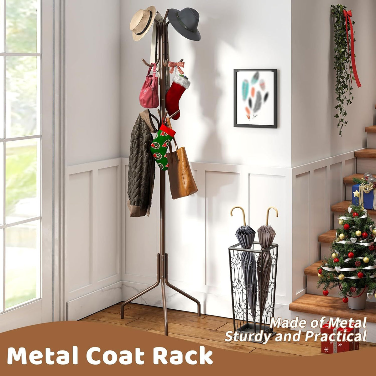 Freestanding Coat Rack and Coat Tree for Entryway Hats and Jackets