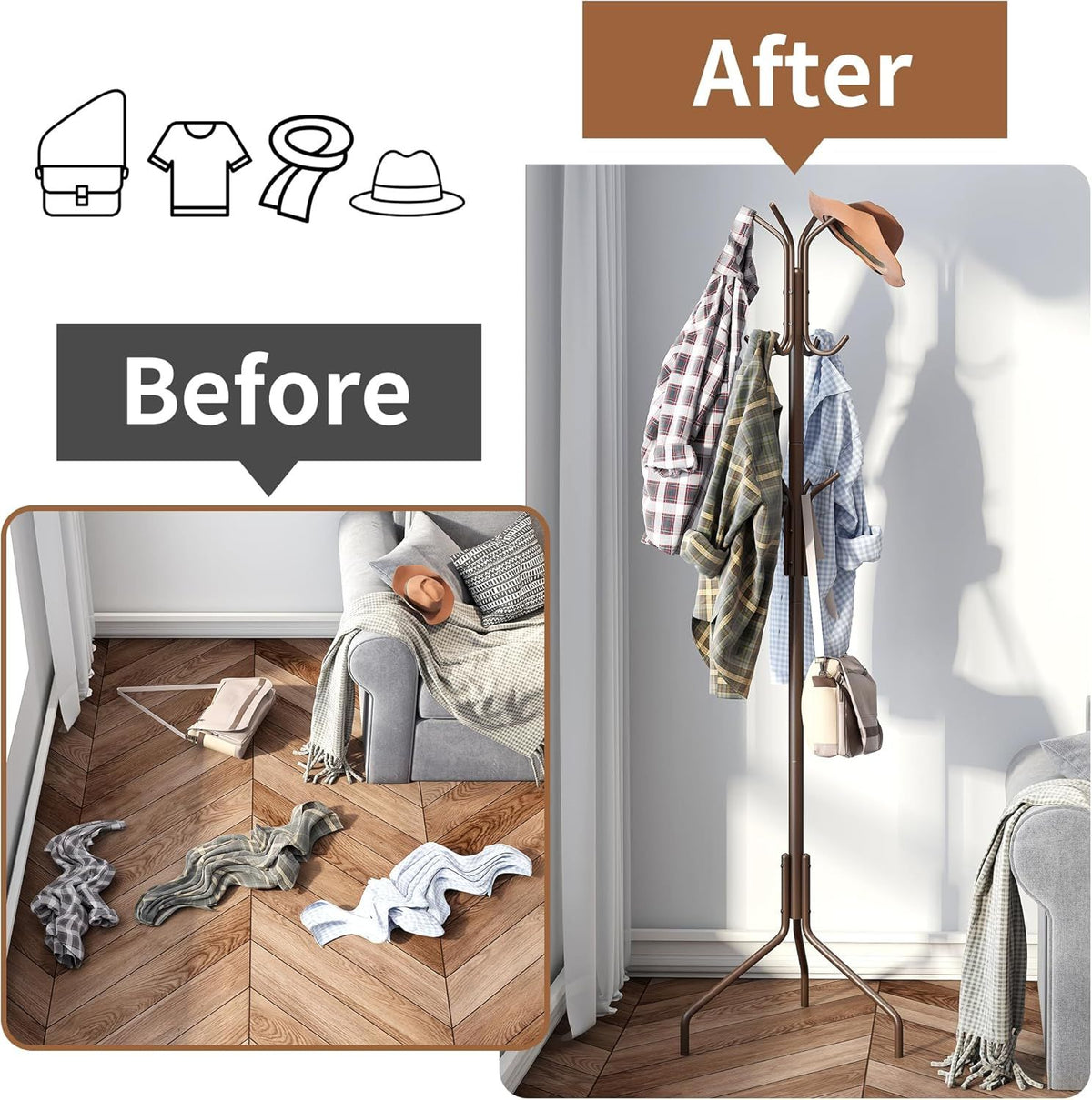 Freestanding Coat Rack and Coat Tree for Entryway Hats and Jackets