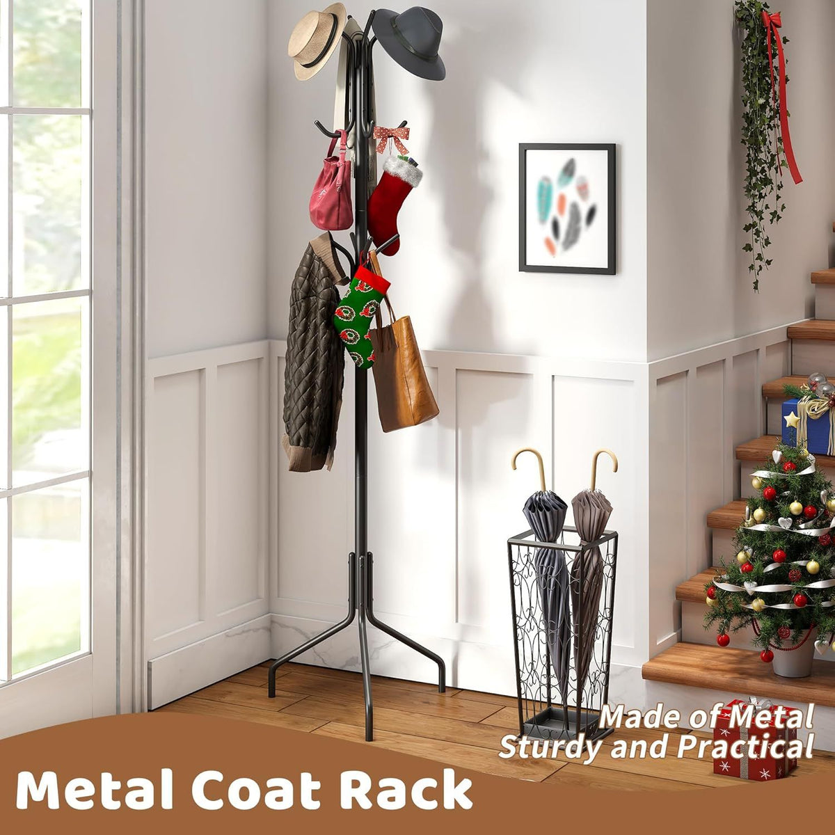Freestanding Coat Rack and Coat Tree for Entryway Hats and Jackets