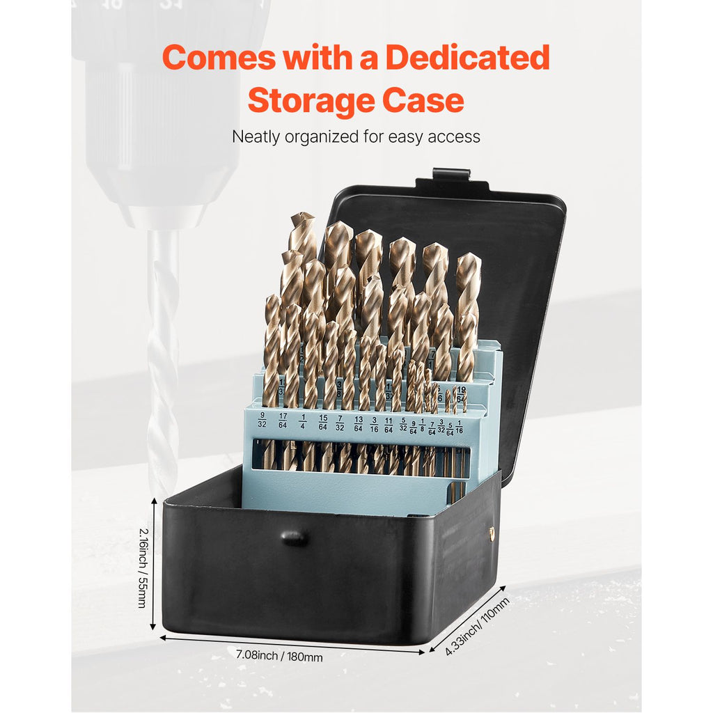 M35 Cobalt Drill Bit Set, 29 Pieces with Storage Case – High Speed Steel for Metal, Wood & Plastic