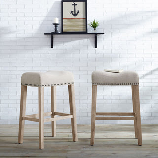 Tan Upholstered Backless Saddle Seat Bar Stools Set of 2