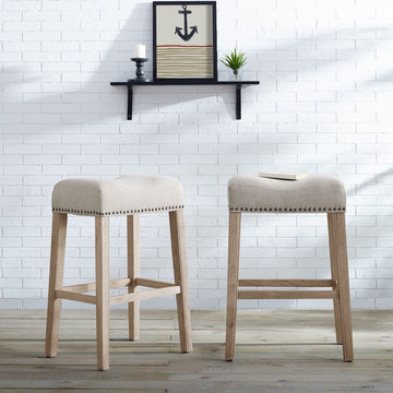 Tan Upholstered Backless Saddle Seat Bar Stools Set of 2