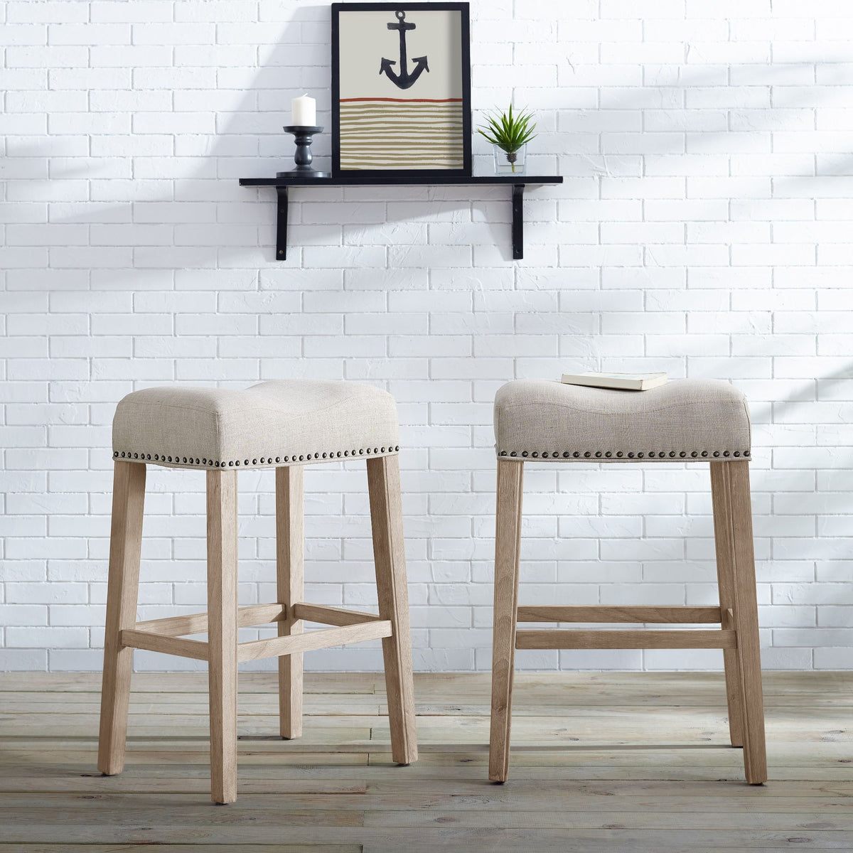 Tan Upholstered Backless Saddle Seat Bar Stools Set of 2
