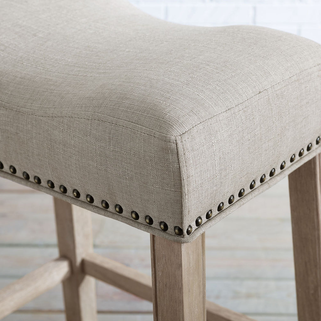 Tan Upholstered Backless Saddle Seat Bar Stools Set of 2