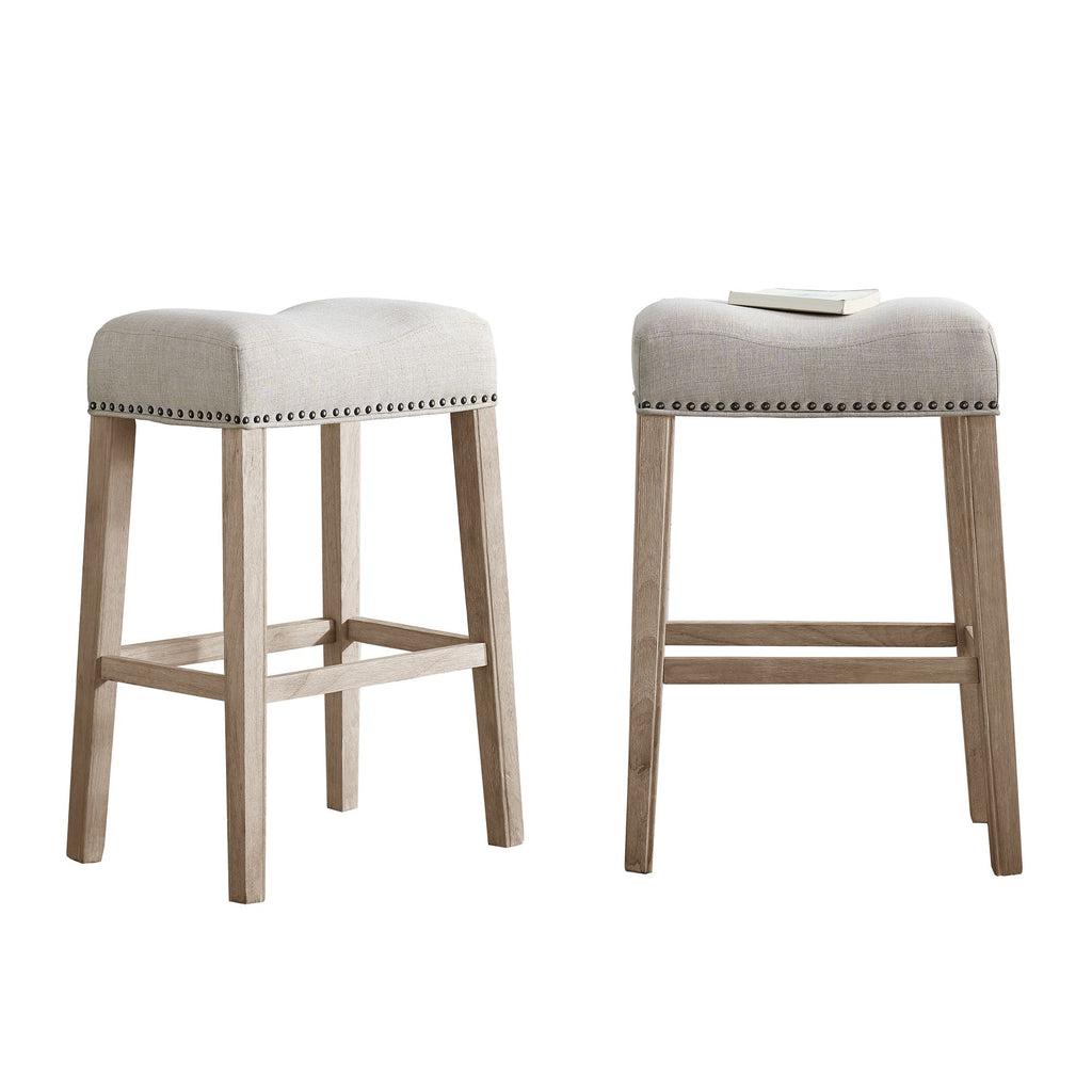 Tan Upholstered Backless Saddle Seat Bar Stools Set of 2