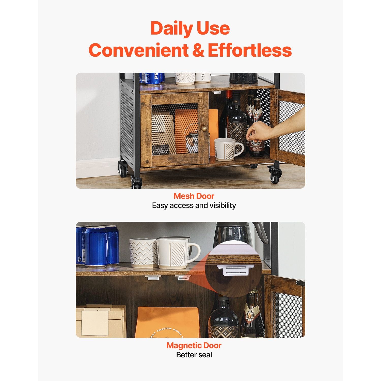 Farmhouse Coffee Bar Cabinet with Versatile Storage and Easy Mobility