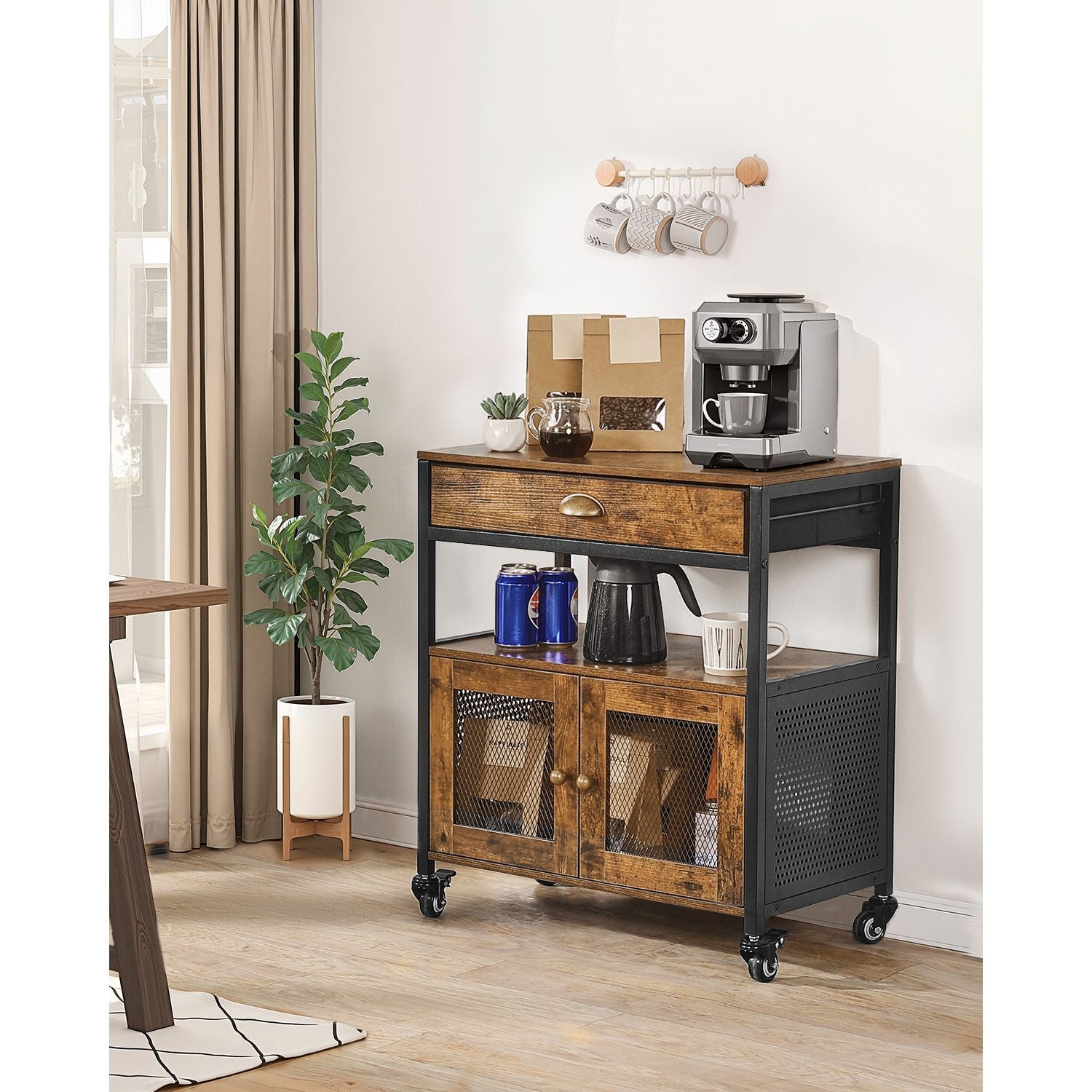 Farmhouse Coffee Bar Cabinet with Versatile Storage and Easy Mobility