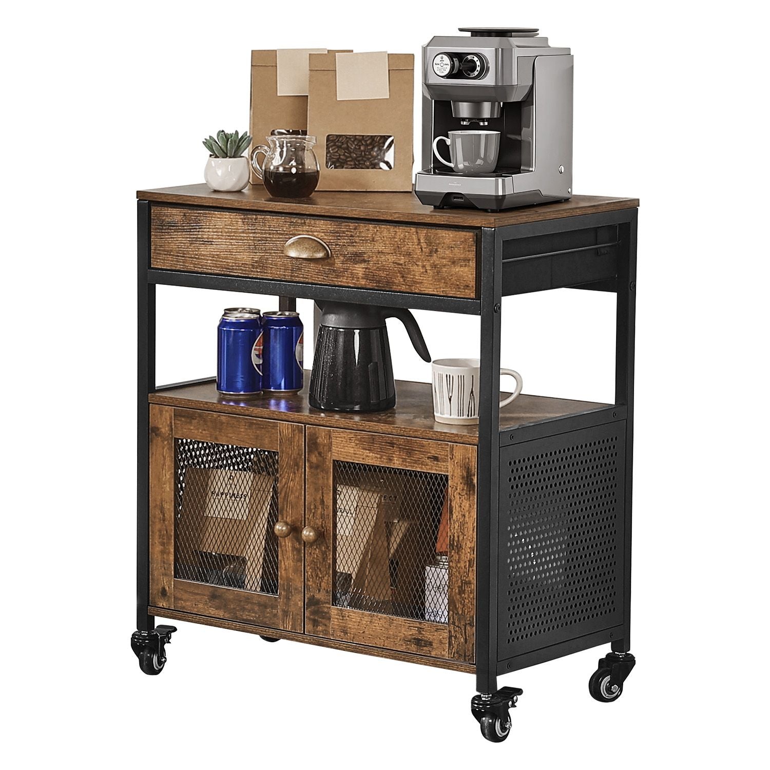 Farmhouse Coffee Bar Cabinet with Versatile Storage and Easy Mobility