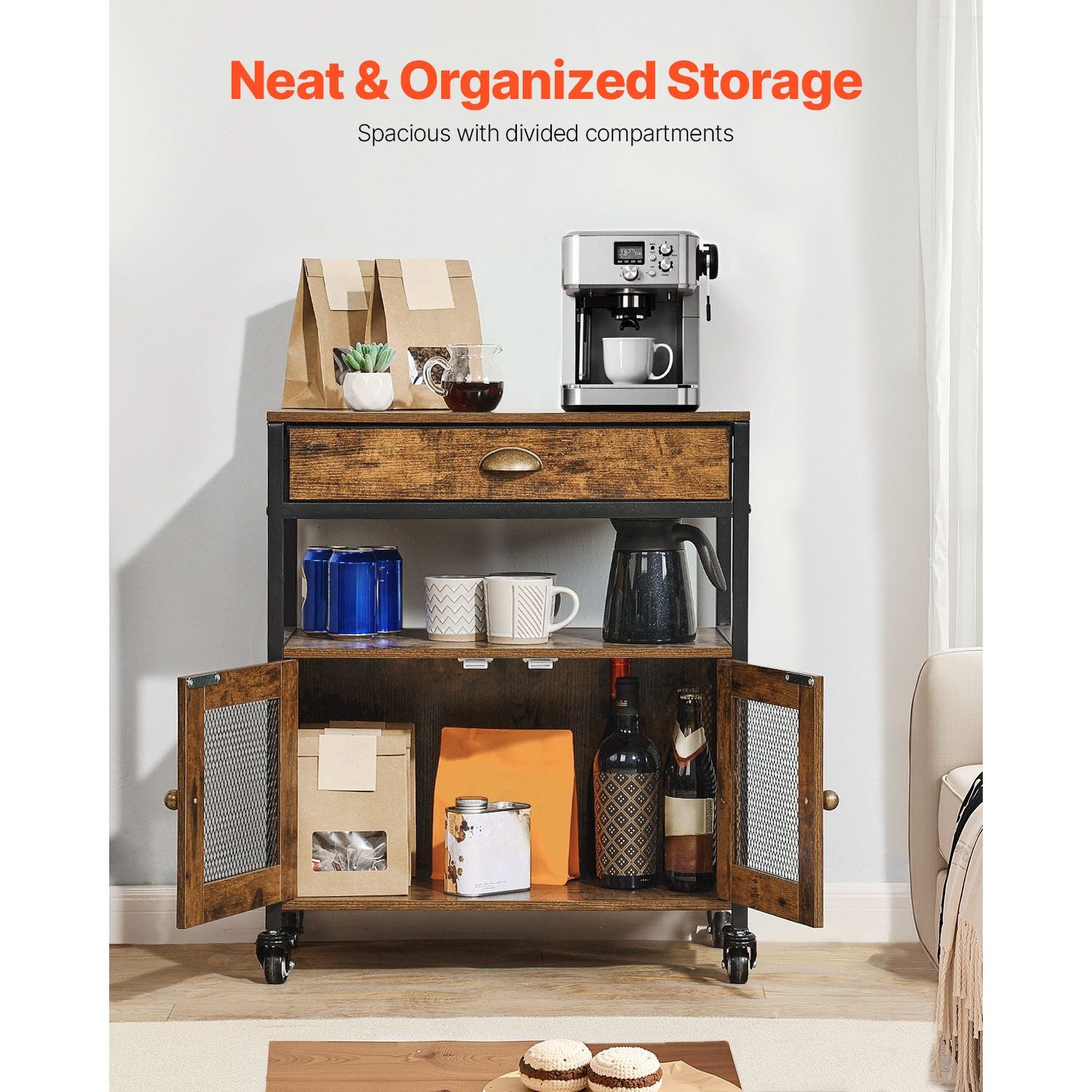 Farmhouse Coffee Bar Cabinet with Versatile Storage and Easy Mobility