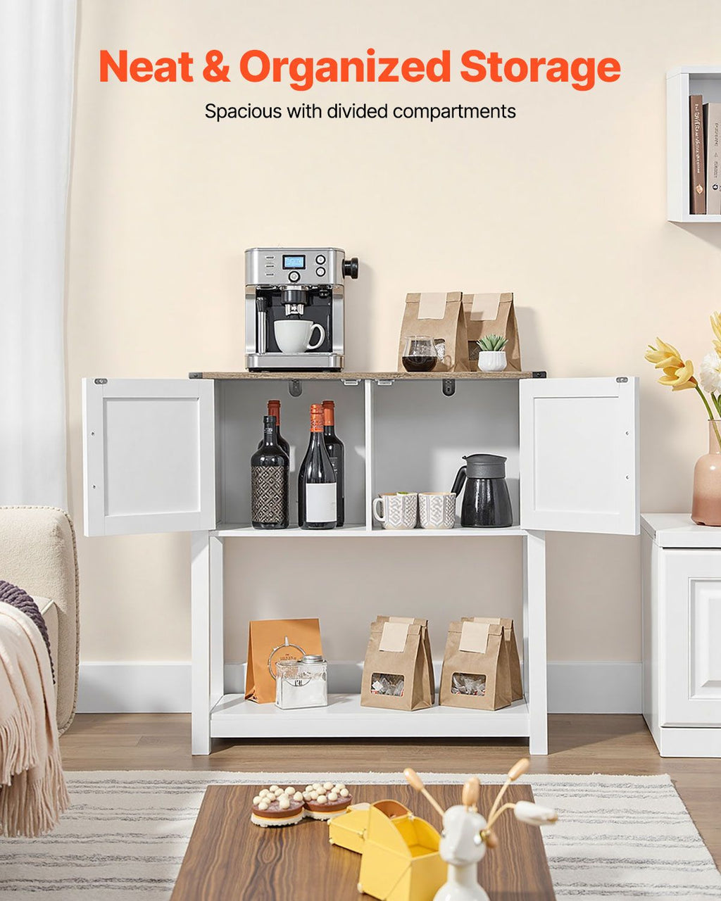 Farmhouse Coffee Bar Cabinet with Multi-Tier Storage and Magnetic Doors