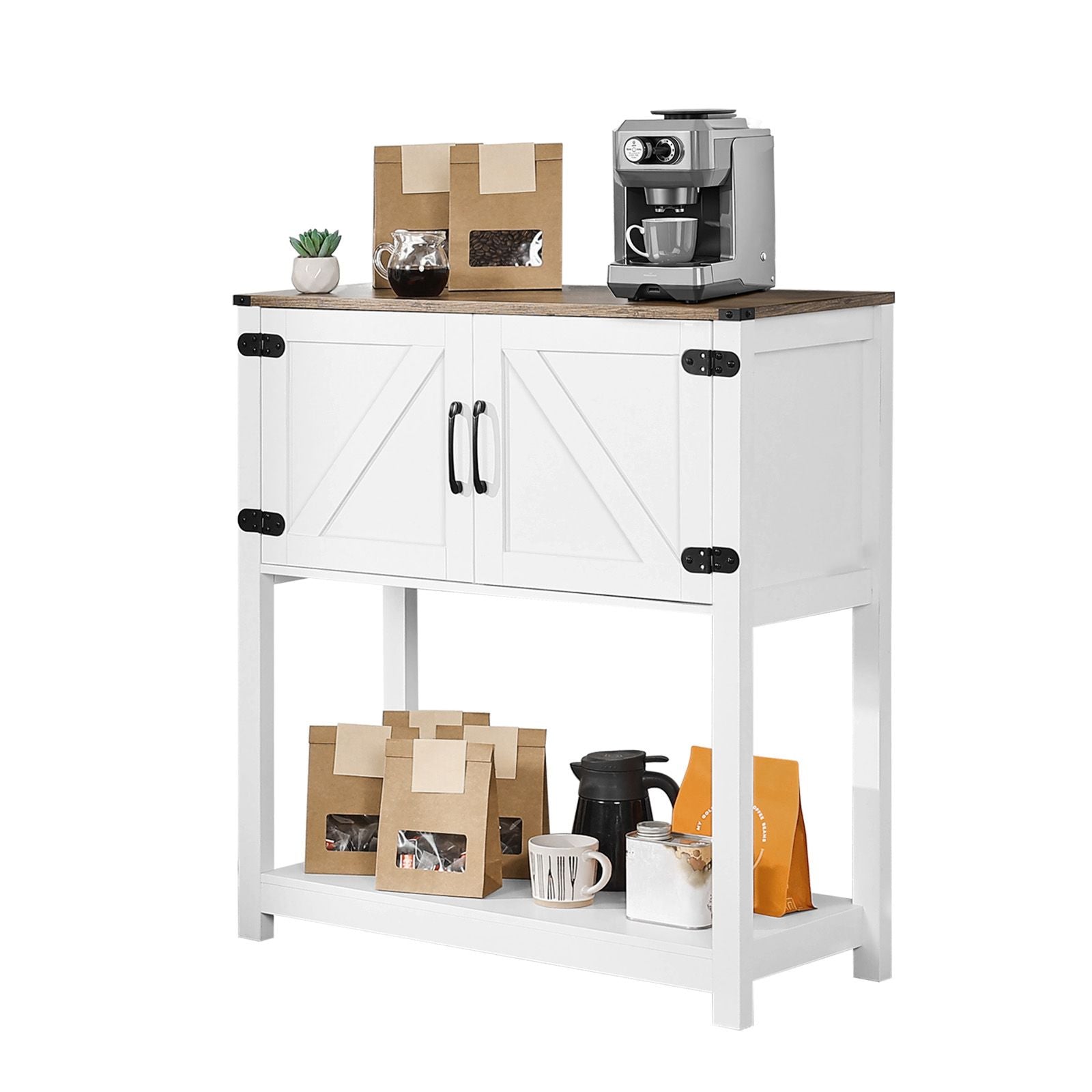 Farmhouse Coffee Bar Cabinet with Multi-Tier Storage and Magnetic Doors