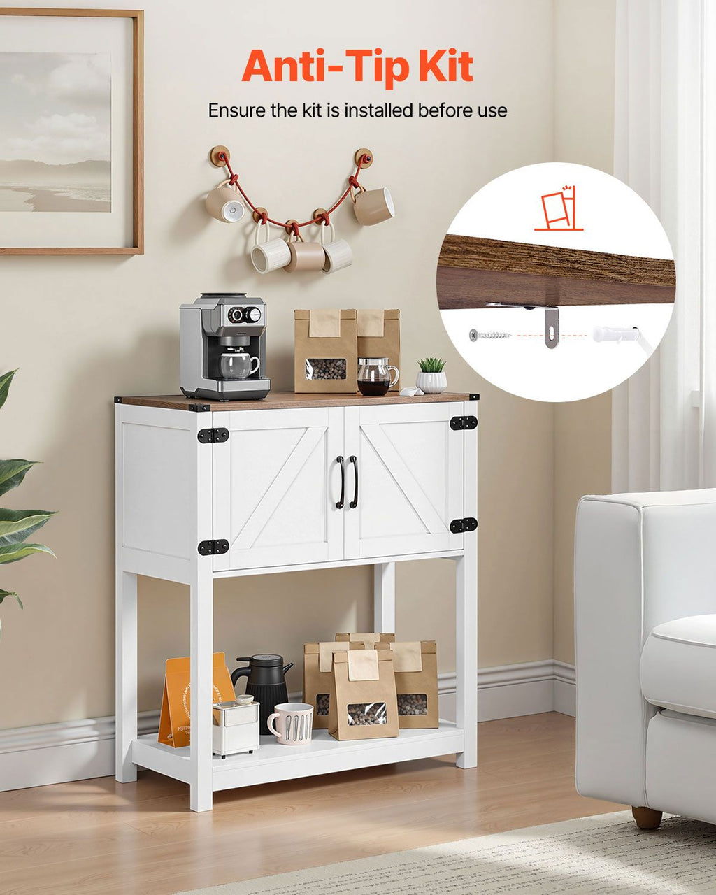 Farmhouse Coffee Bar Cabinet with Multi-Tier Storage and Magnetic Doors