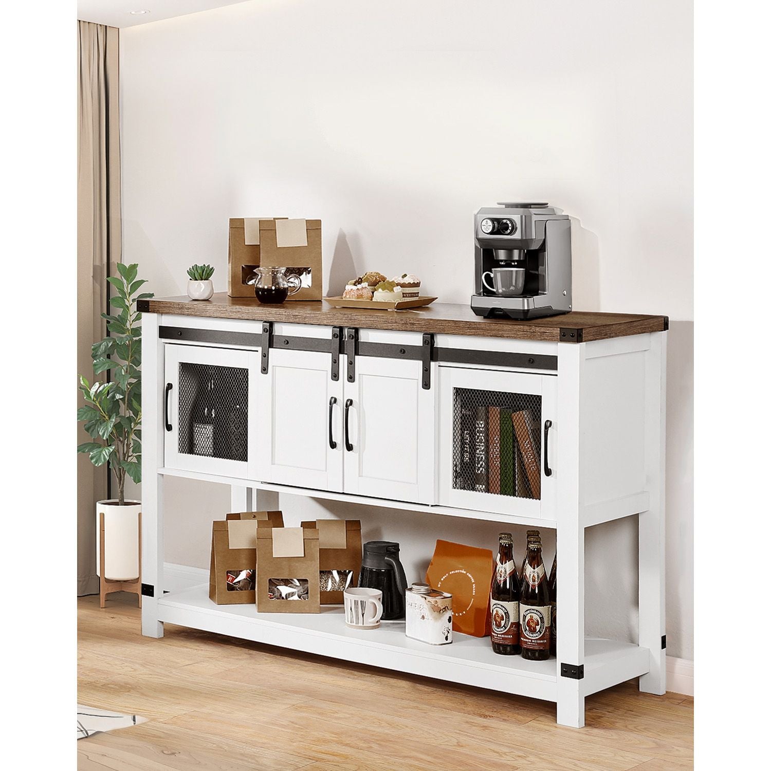 Farmhouse Coffee Bar Cabinet with Barn Doors & Adjustable Shelves