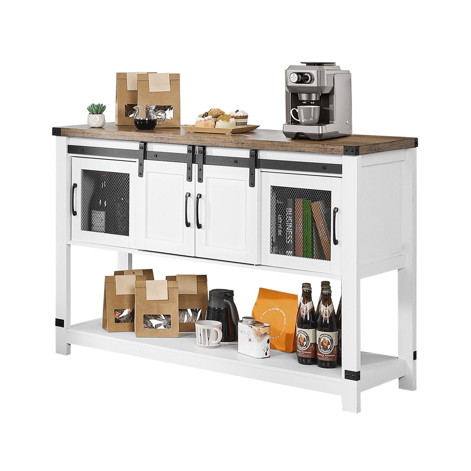 Farmhouse Coffee Bar Cabinet with Barn Doors & Adjustable Shelves