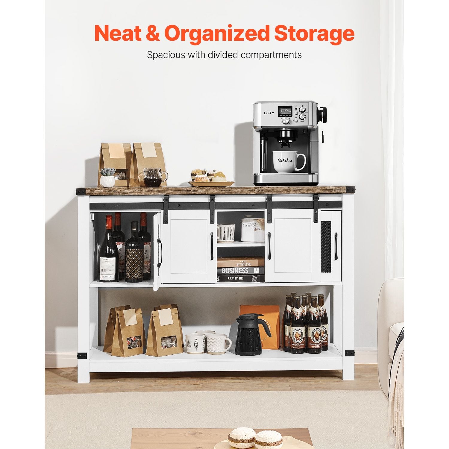 Farmhouse Coffee Bar Cabinet with Barn Doors & Adjustable Shelves