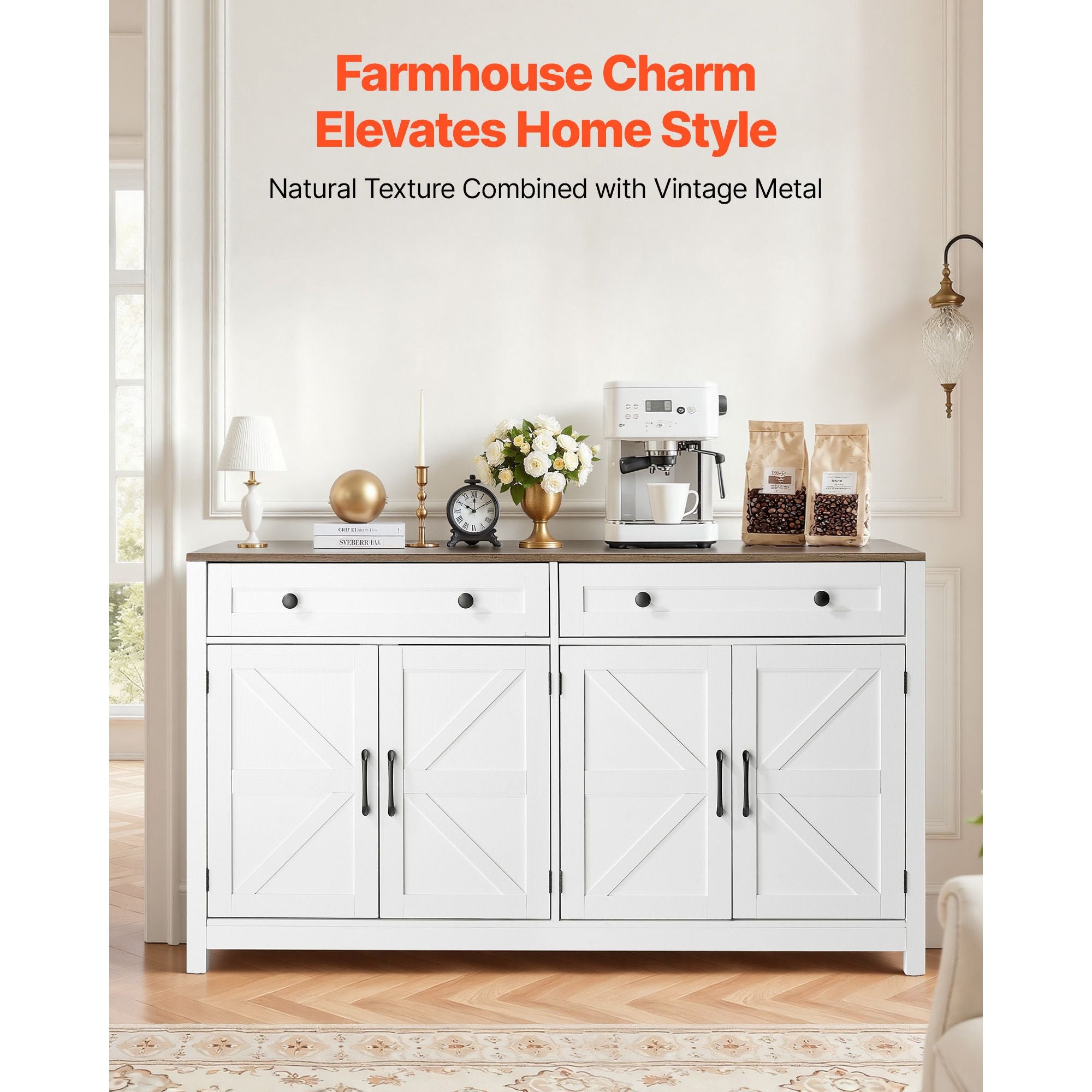 Farmhouse Coffee Bar Cabinet with Barn Doors & Drawers