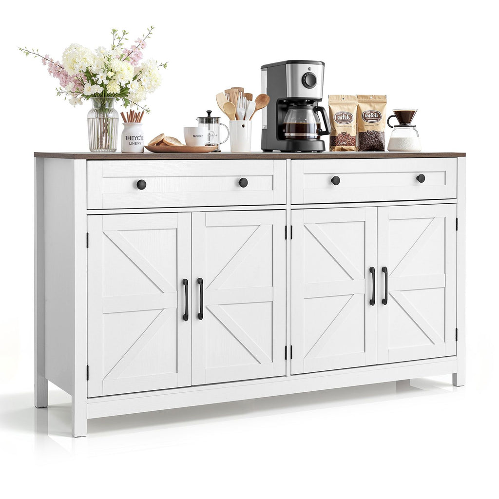 Farmhouse Coffee Bar Cabinet with Barn Doors & Drawers