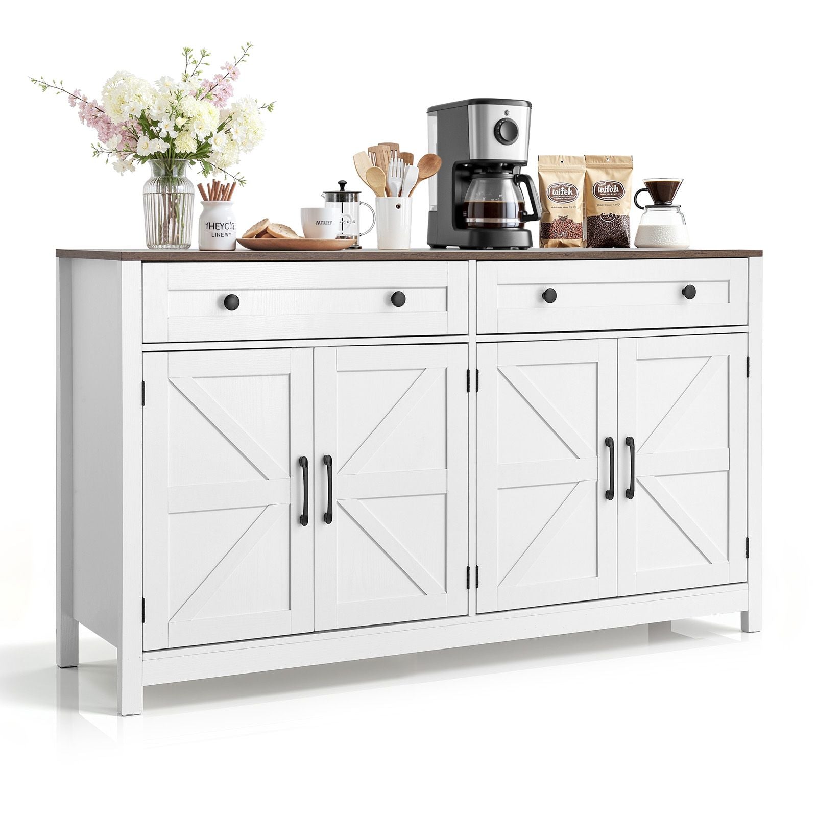 Farmhouse Coffee Bar Cabinet with Barn Doors & Drawers