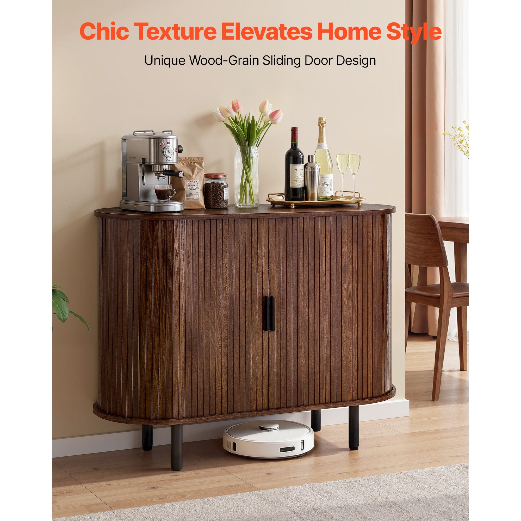 Coffee Bar Cabinet with Sliding Doors – Mid-Century Buffet Station