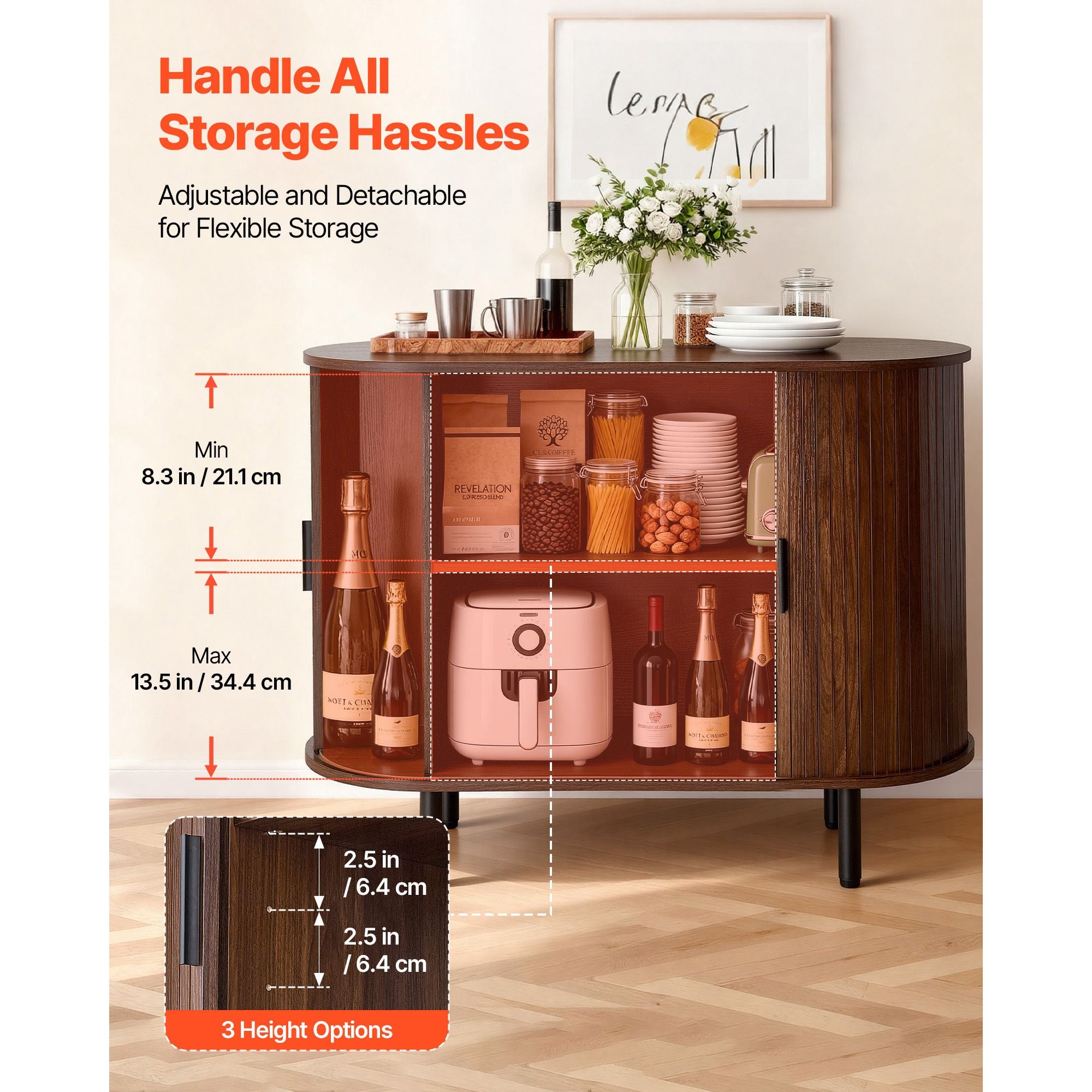 Coffee Bar Cabinet with Sliding Doors – Mid-Century Buffet Station