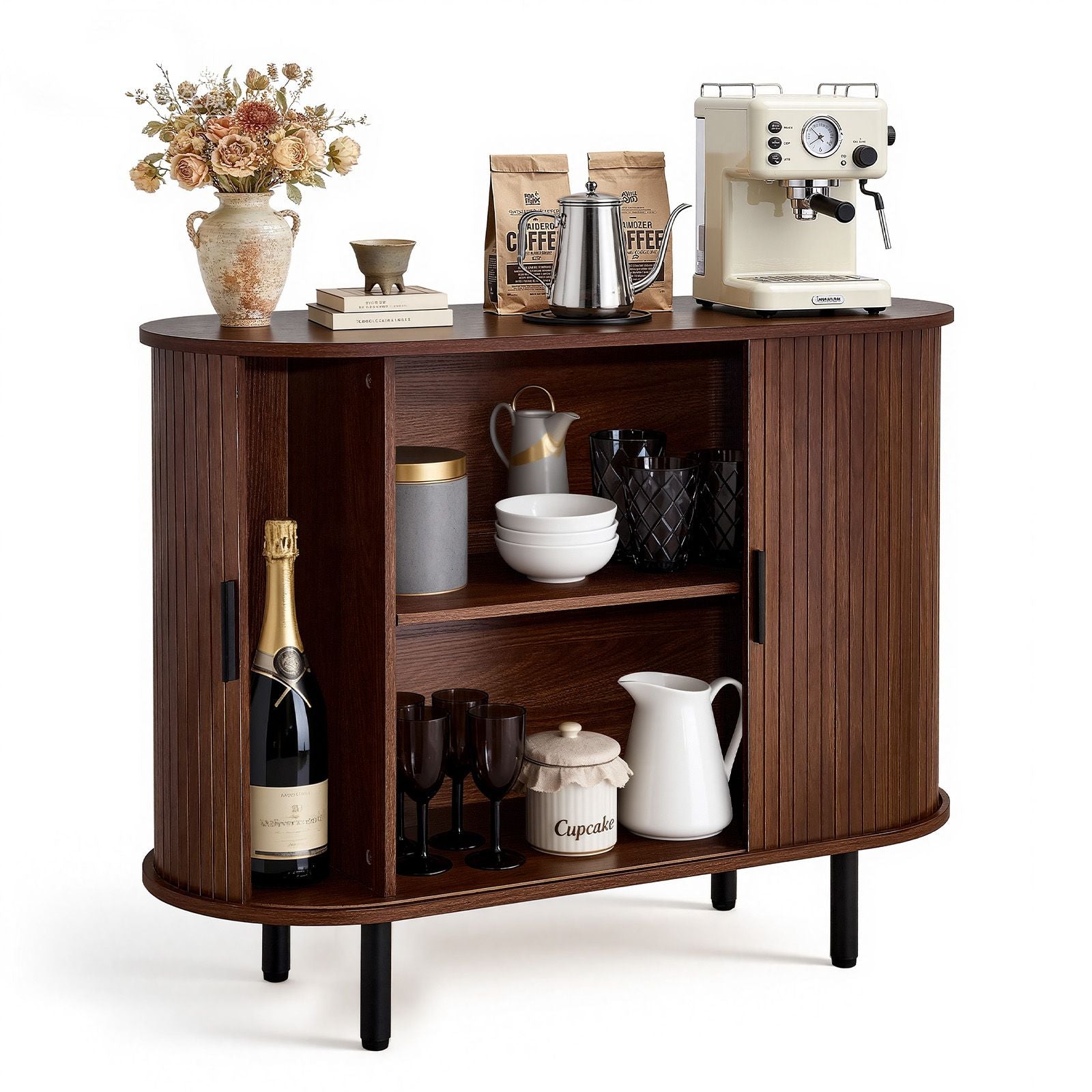 Coffee Bar Cabinet with Sliding Doors – Mid-Century Buffet Station