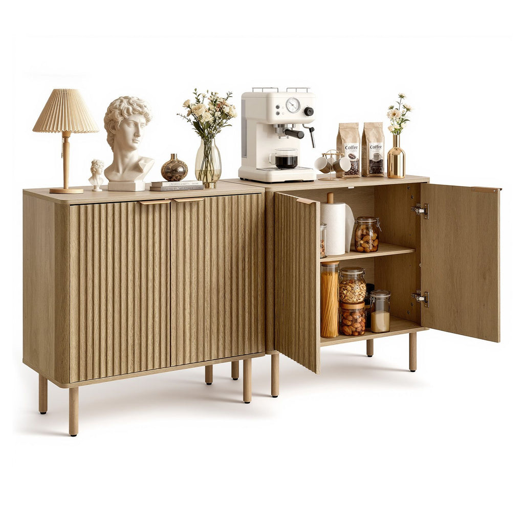 Mid Century Fluted Coffee Bar Cabinet with 2-Tier Storage and Barn Doors