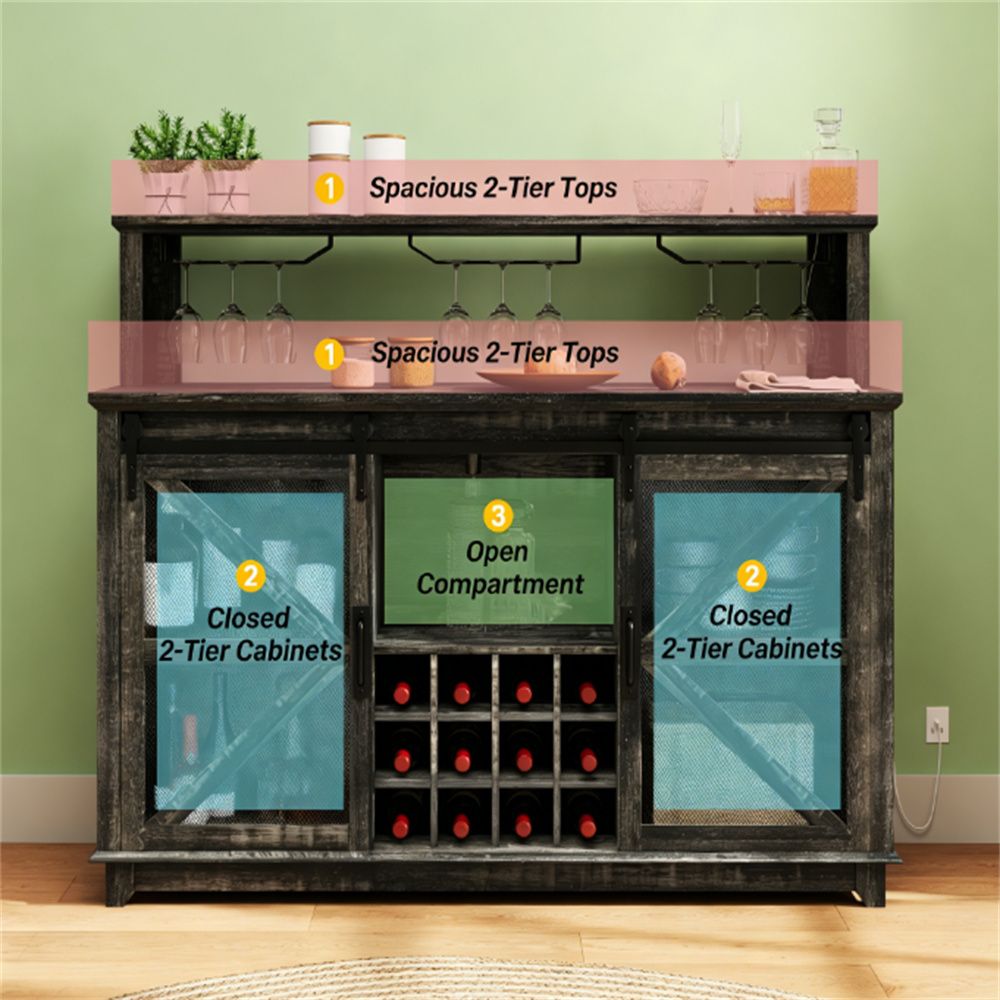Coffee bar, cabinets, wine cabinets, shelves, brown
