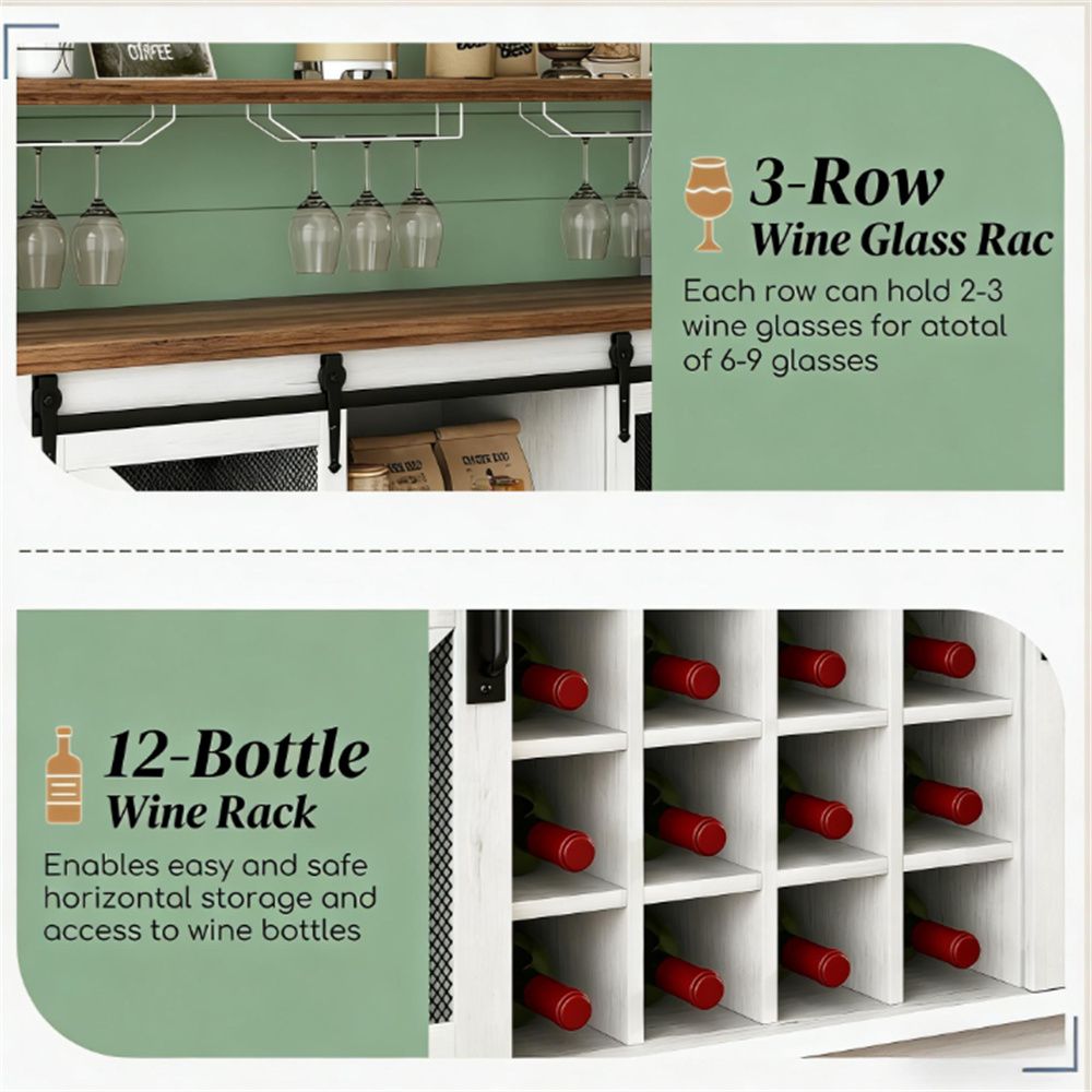 Distressed White Coffee Bar & Wine Cabinet with LED Lights and Barn Doors