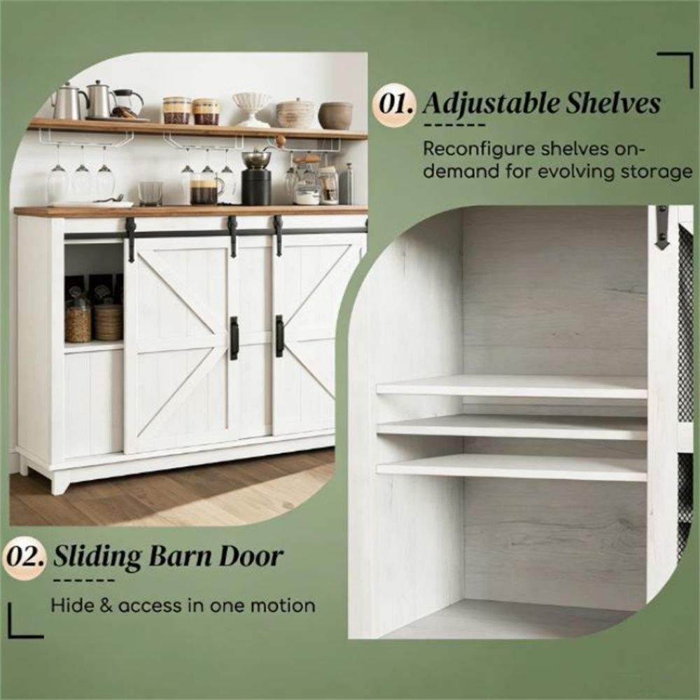 Distressed White Coffee Bar & Wine Cabinet with LED Lights and Barn Doors