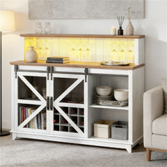 Distressed White Coffee Bar & Wine Cabinet with LED Lights and Barn Doors