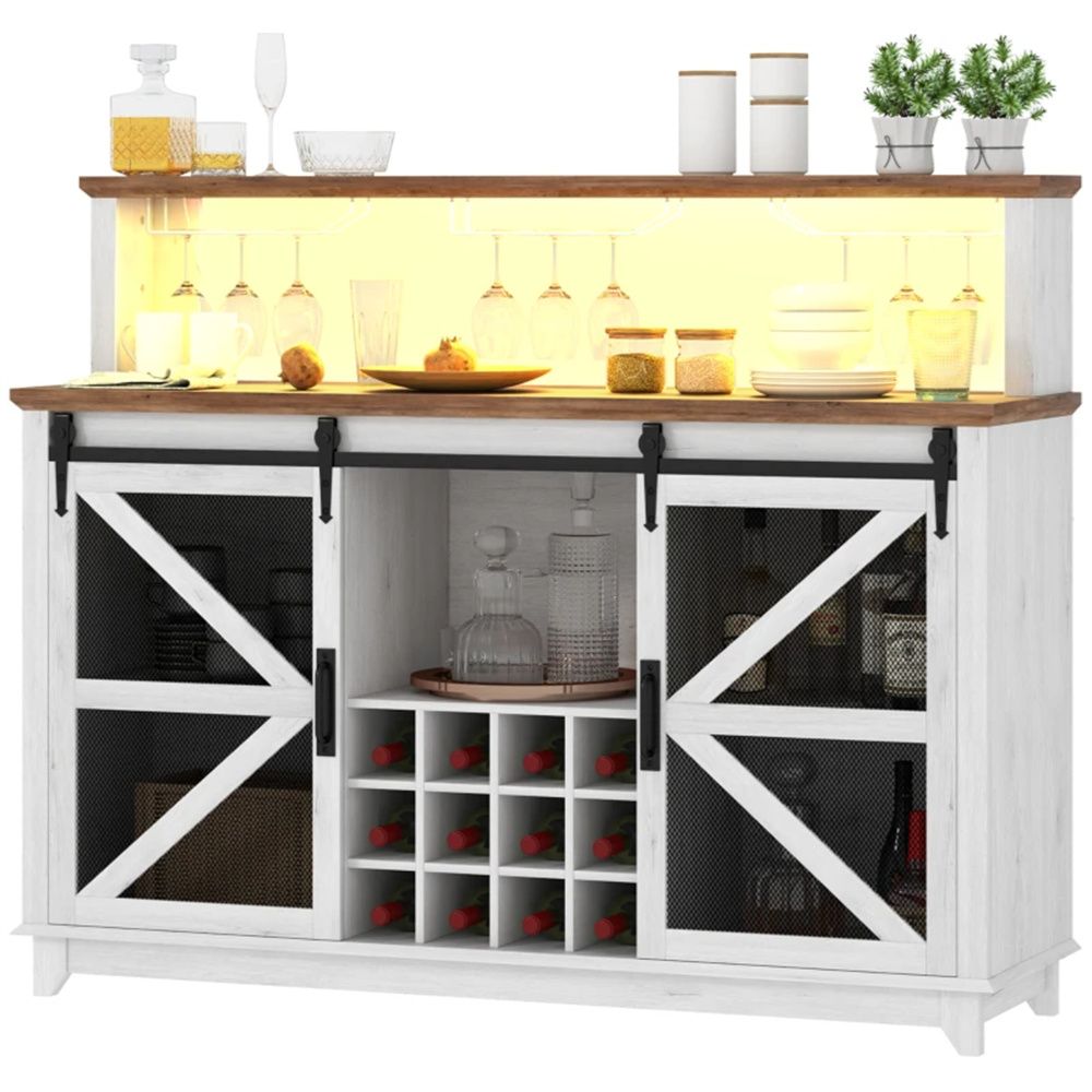 Distressed White Coffee Bar & Wine Cabinet with LED Lights and Barn Doors