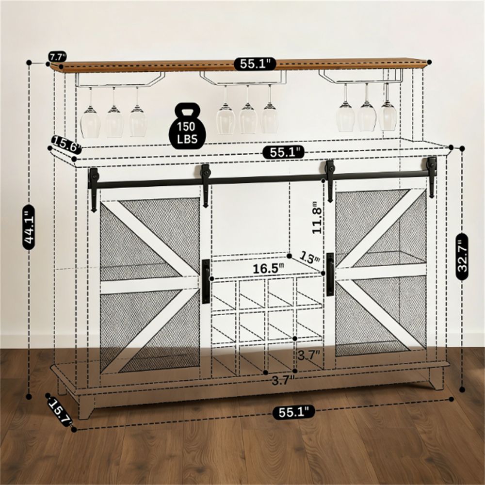 Distressed White Coffee Bar & Wine Cabinet with LED Lights and Barn Doors
