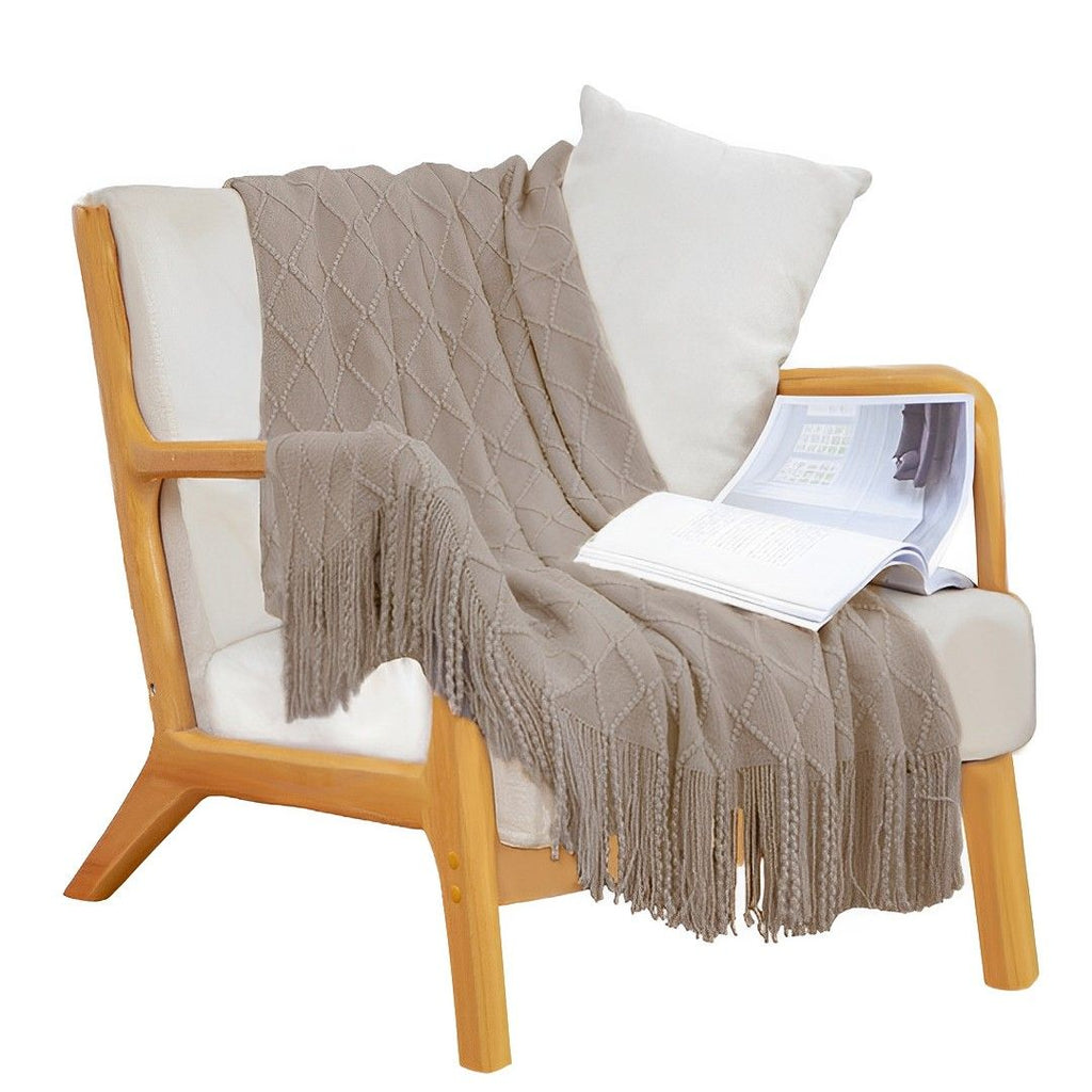 Coffee Diamond Pattern Knitted Throw Blanket with Tassels – Cozy Home Accent