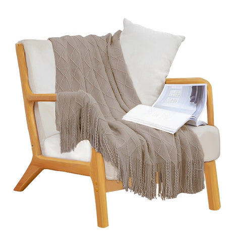 Coffee Diamond Pattern Knitted Throw Blanket with Tassels – Cozy Home Accent