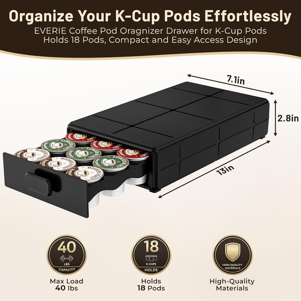 Coffee Pod Organizer Drawer for Keurig K-Cup Pods, Holds 18 Pods - Compact, Easy-Access Design with