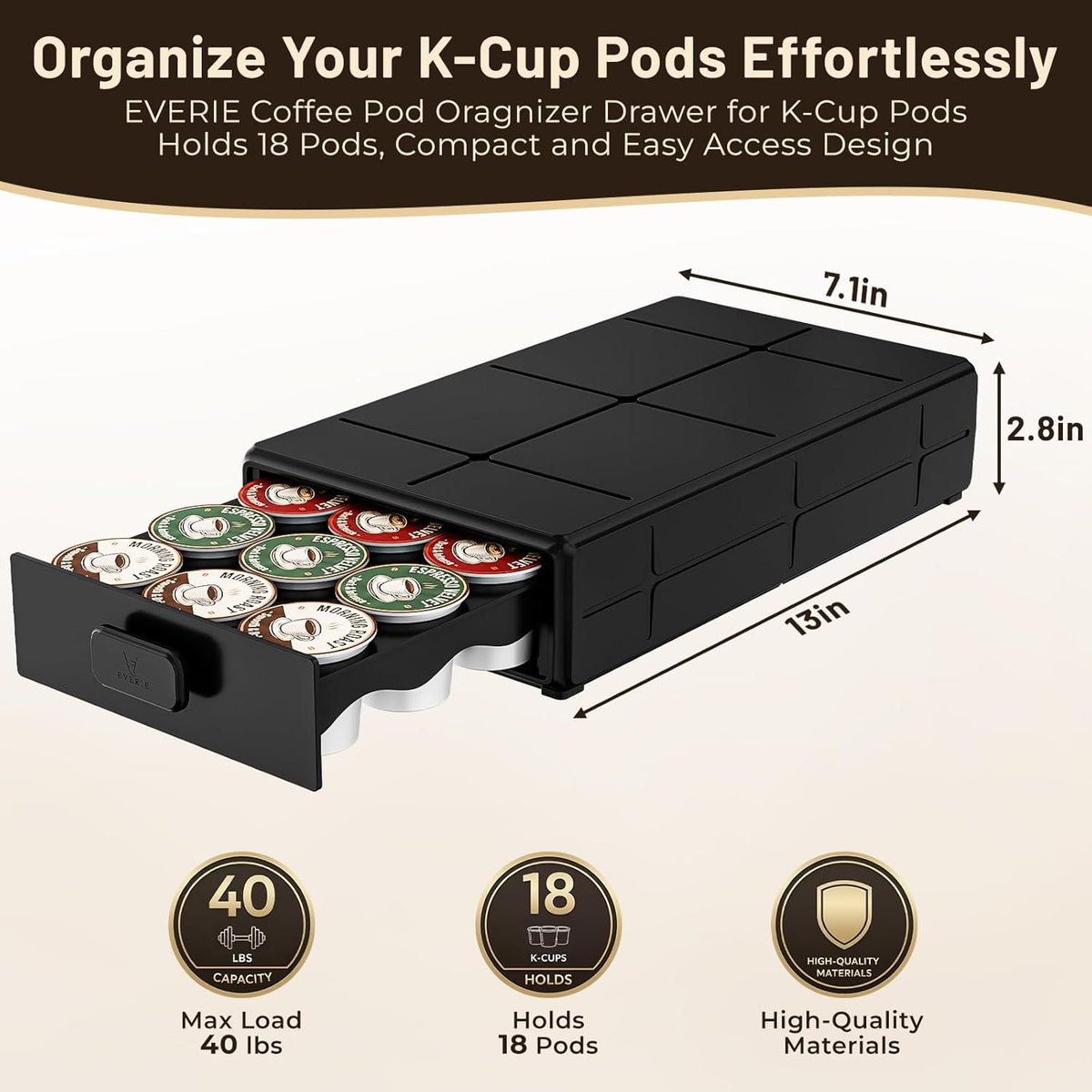 Coffee Pod Organizer Drawer for Keurig K-Cup Pods, Holds 18 Pods - Compact, Easy-Access Design with