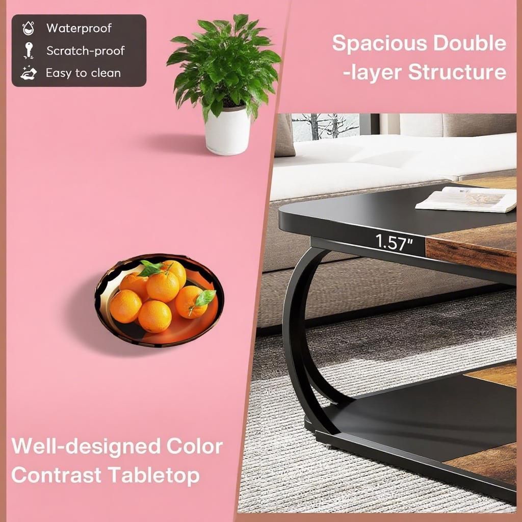 Tribesigns Square Coffee Table with Two-Tier Storage and Rustic Farmhouse Design