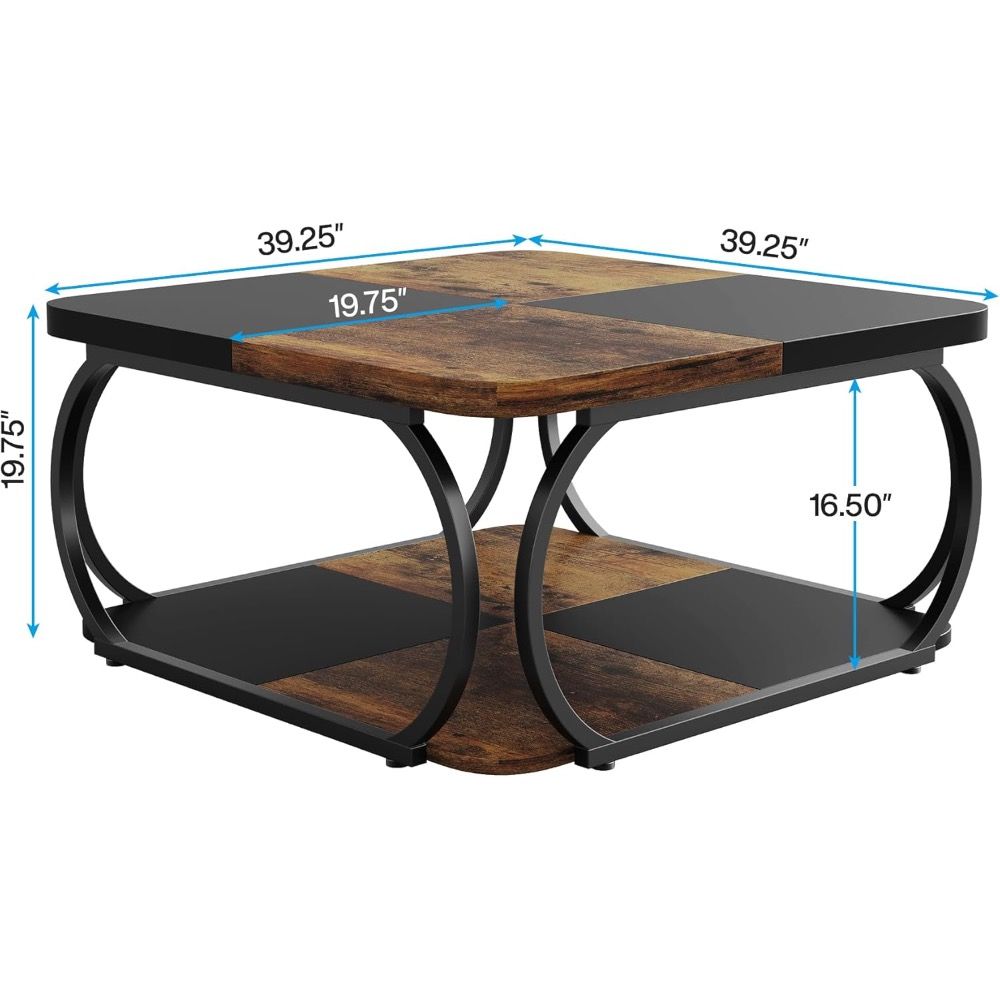 Tribesigns Square Coffee Table with Two-Tier Storage and Rustic Farmhouse Design
