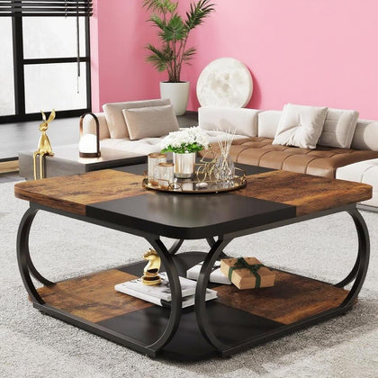 Tribesigns Square Coffee Table with Two-Tier Storage and Rustic Farmhouse Design