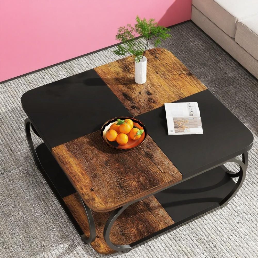 Tribesigns Square Coffee Table with Two-Tier Storage and Rustic Farmhouse Design
