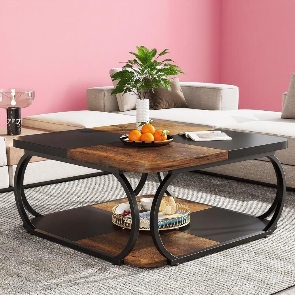 Tribesigns Square Coffee Table with Two-Tier Storage and Rustic Farmhouse Design